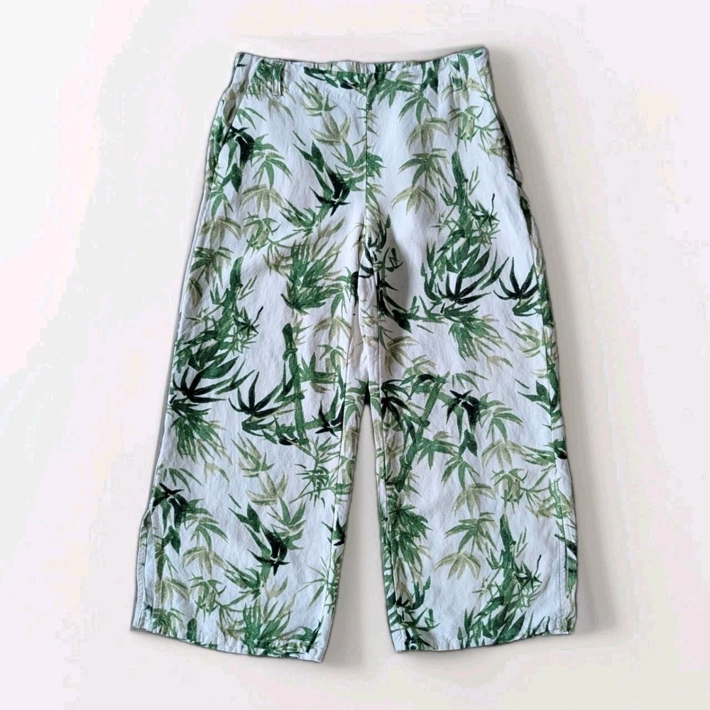 J. Jill Womens Linen Wide Leg Cropped Pants Small Coastal Resort Bamboo Leaves